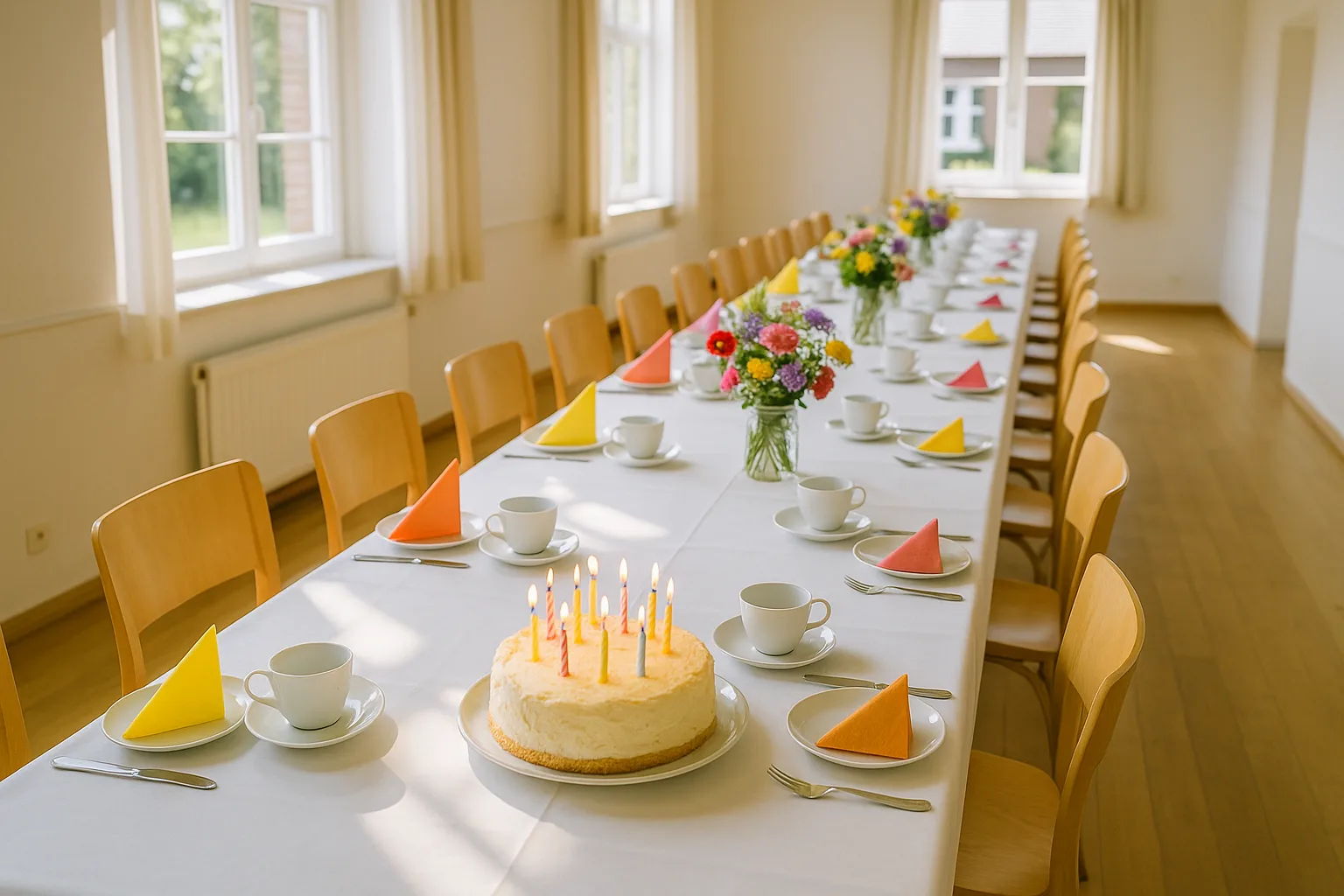 Symbolbild: eine lange Tafel im Saal, vorn eine Torte mit brennenden Kerzen, Sektgläser und Wiesenblumen, darüber warmes Lampenlicht