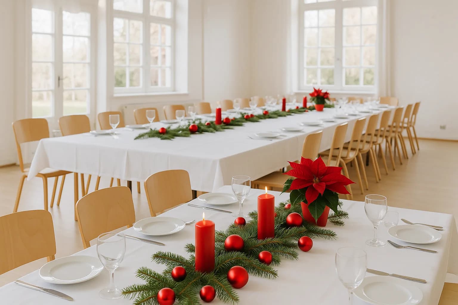 Symbolbild: eine lange weihnachtlich gedeckte Tafel mit Tannengrün und roten Kerzen, dahinter die Fenster im blauen Winterabend
